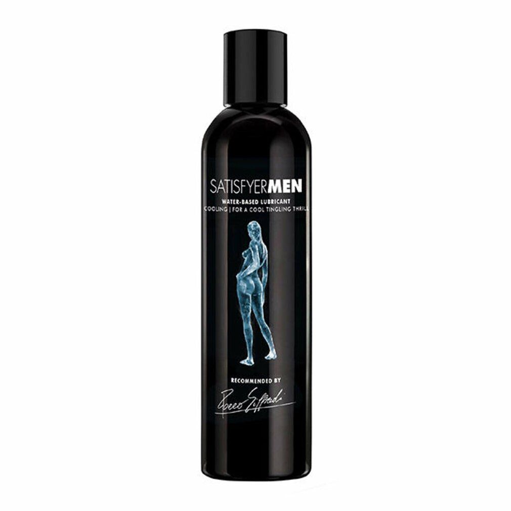 Flacone nero con scritta bianca: Satisfyer Men, a base d'acqua. Illustrazione di una donna. Raccomandato da Rocco Siffredi.