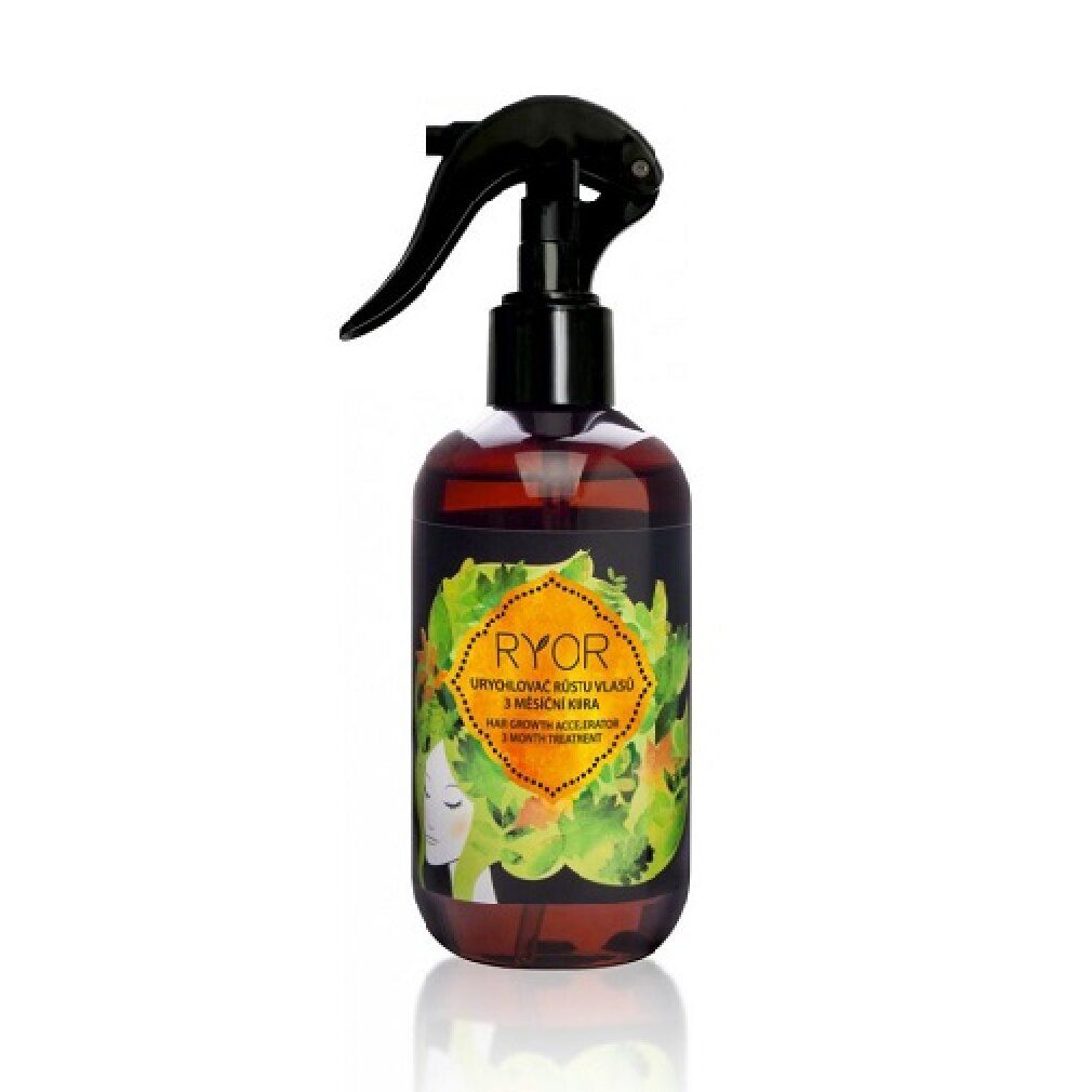Flacone spray marrone con erogatore nero. Etichetta con nome del prodotto e illustrazione.