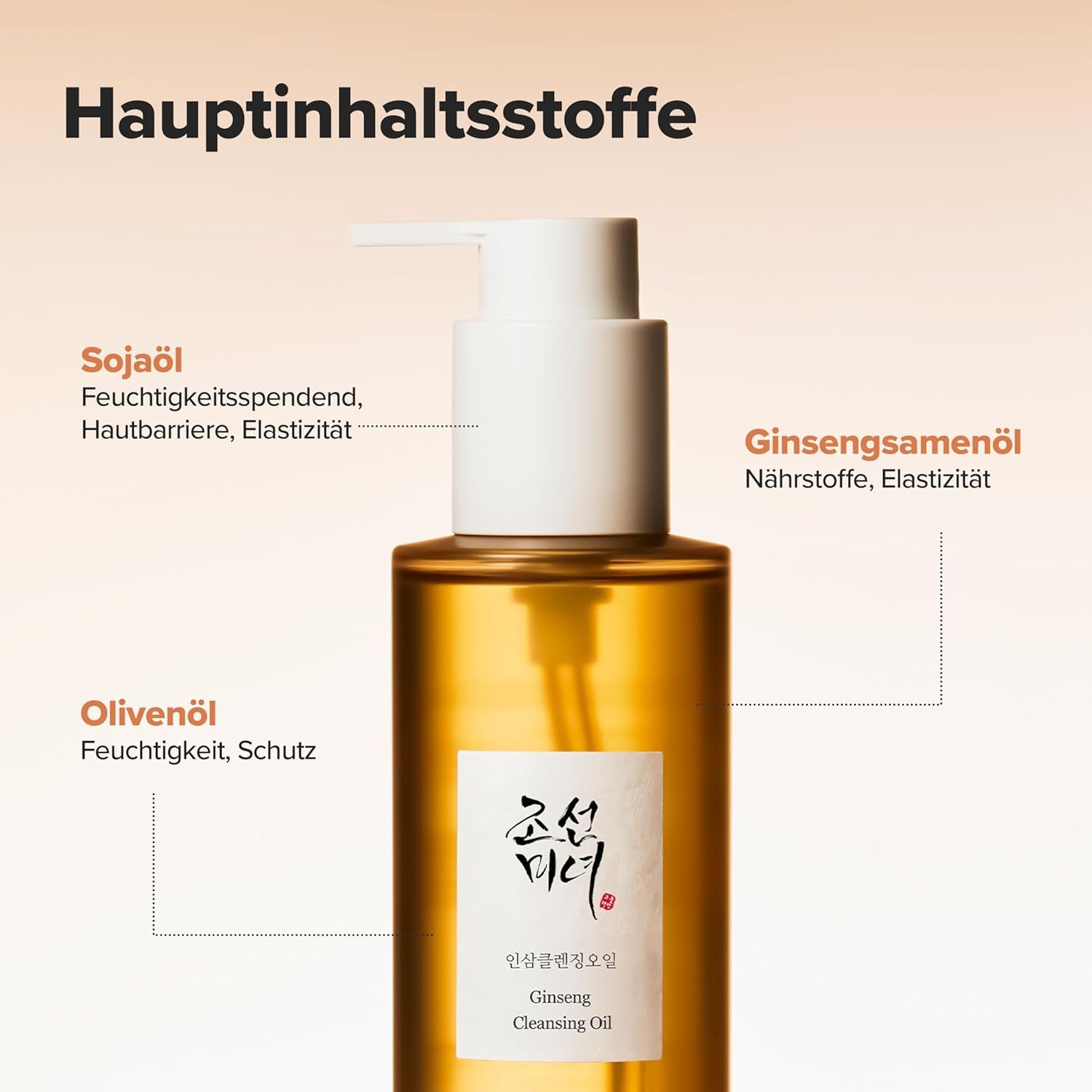 Flacone d'olio con pompa. Testo: Olio di soia, olio di semi di ginseng, olio d'oliva. Descrizioni: Idratante, elasticità, protezione.