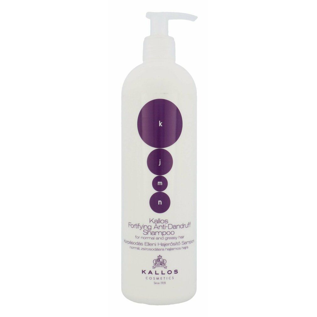 Flacone bianco con pompa Kallos Fortifying Anti-Dandruff Shampoo con cerchi viola e lettere.