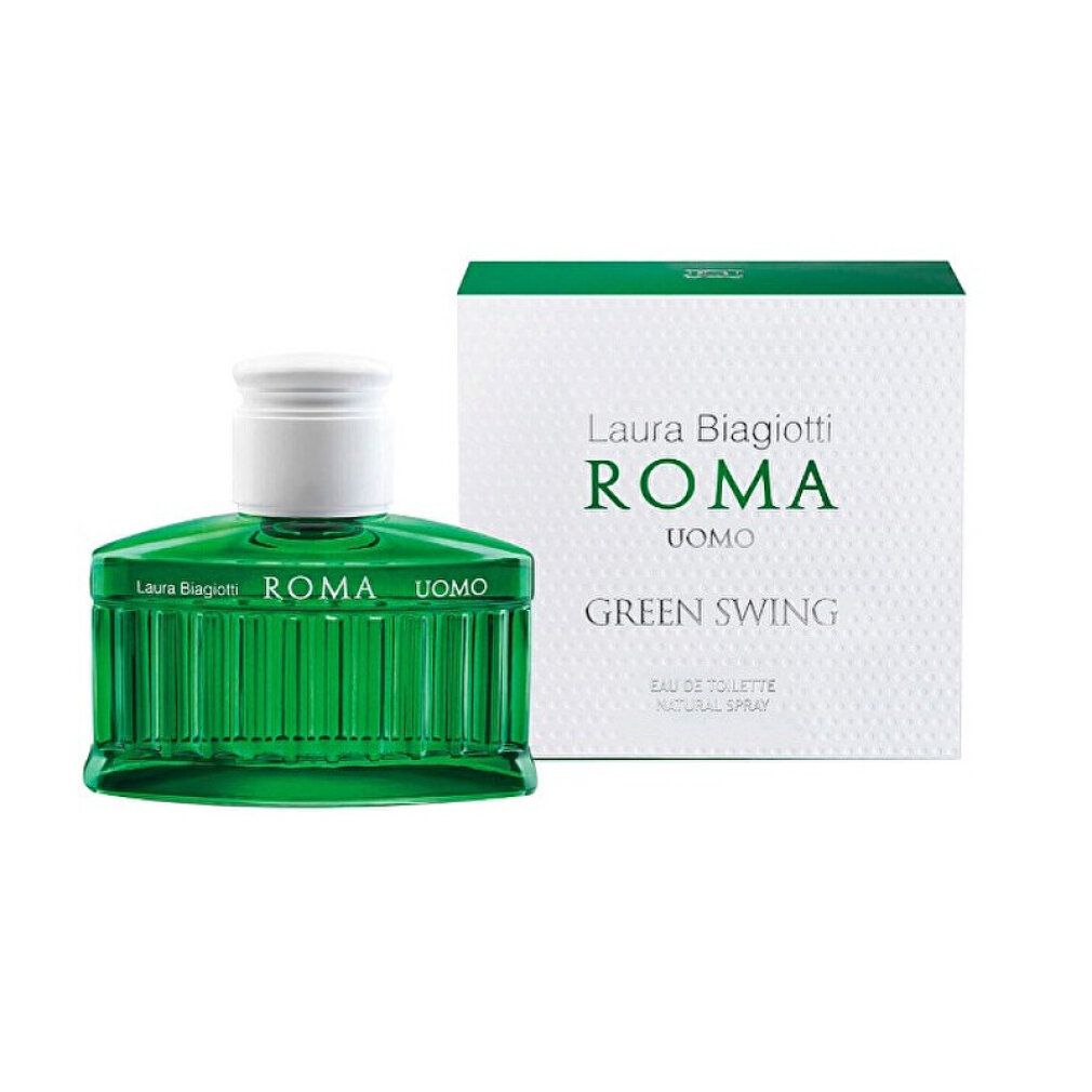 Flacone di profumo e confezione. Scritta: Laura Biagiotti ROMA UOMO Green Swing. Flacone verde.