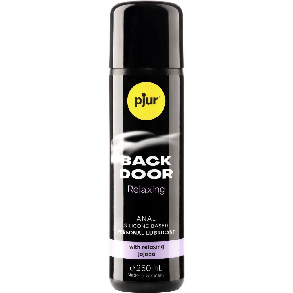Flacone nero con tappo nero. Scritta: pjur, BACK DOOR, Relaxing Anal. Contiene jojoba. Prodotto in Germania.