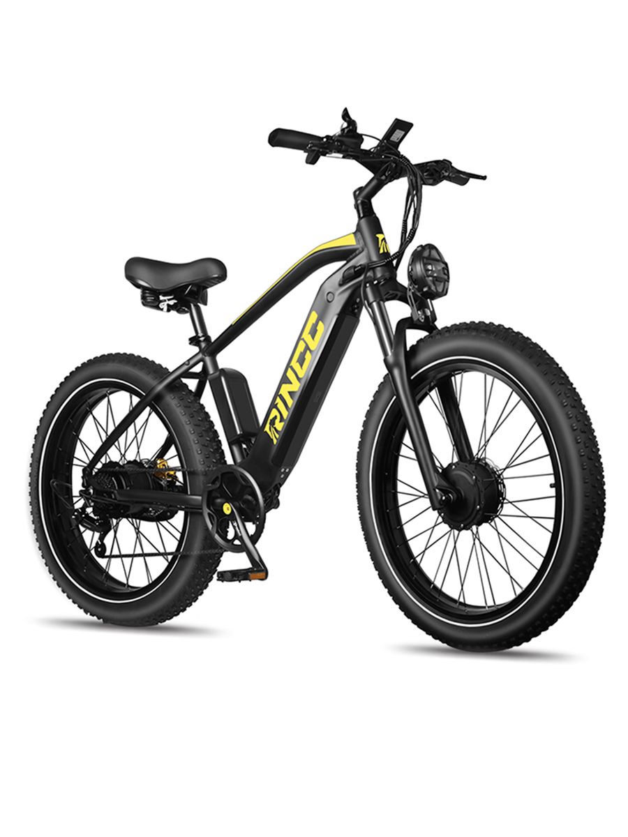 E-MTB nero, vista frontale. Logo Rincc, pneumatici larghi, faro.