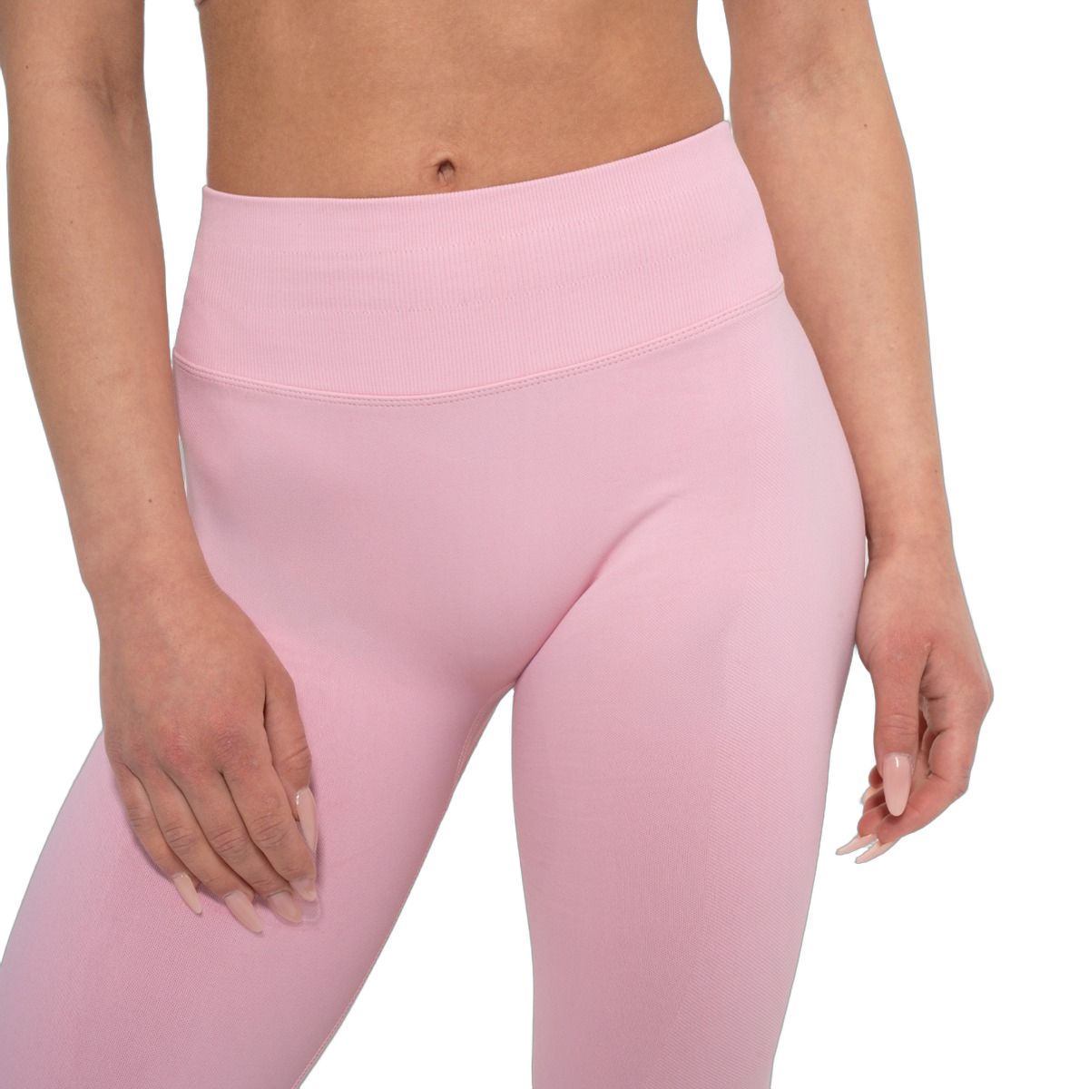 Leggings rosa baby a vita alta, vestibilità slim, focus sulla zona della vita.