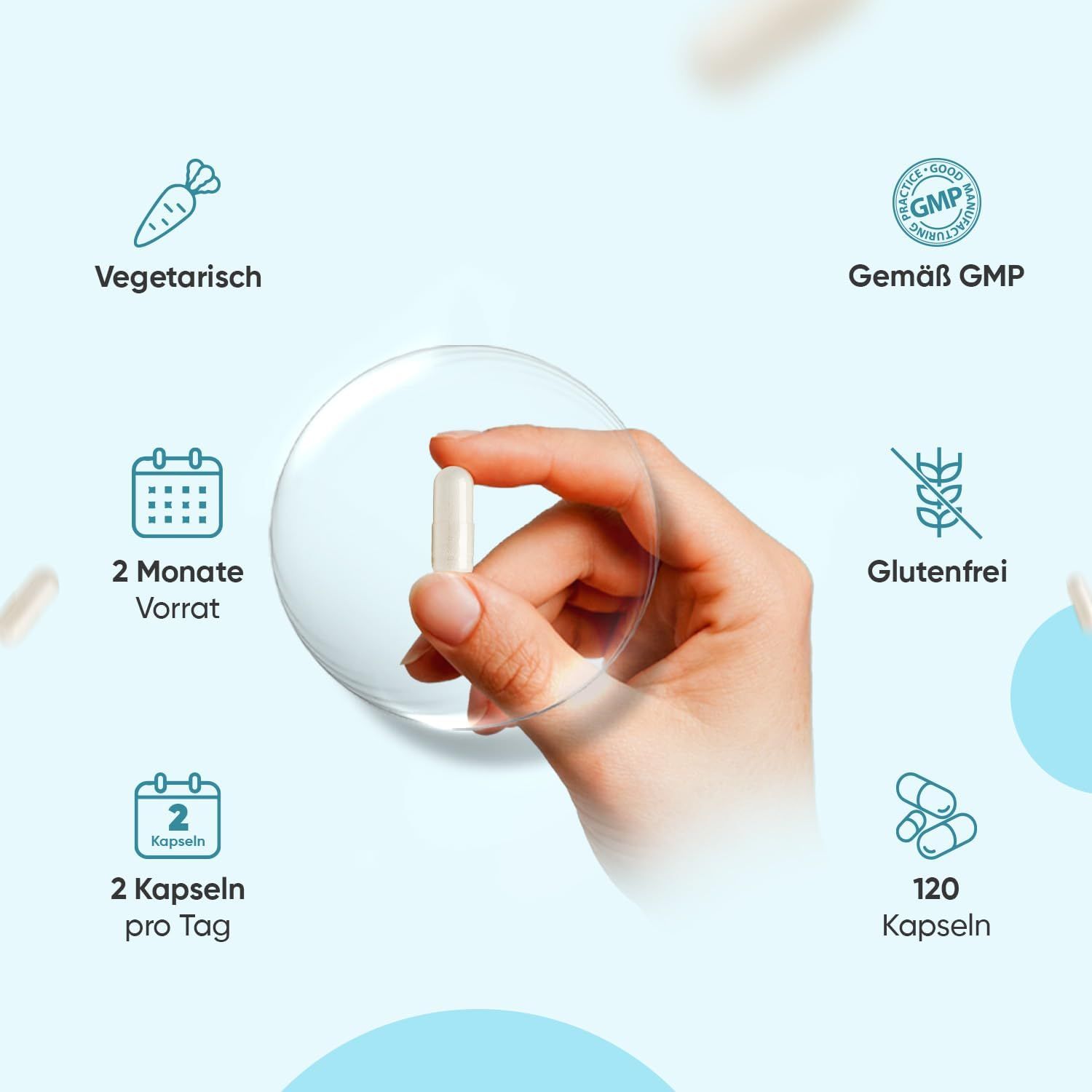 Mano che tiene una capsula. Testo: Vegetariano, 2 mesi di scorta, 2 capsule al giorno, 120 capsule, Senza glutine, Conforme a GMP.