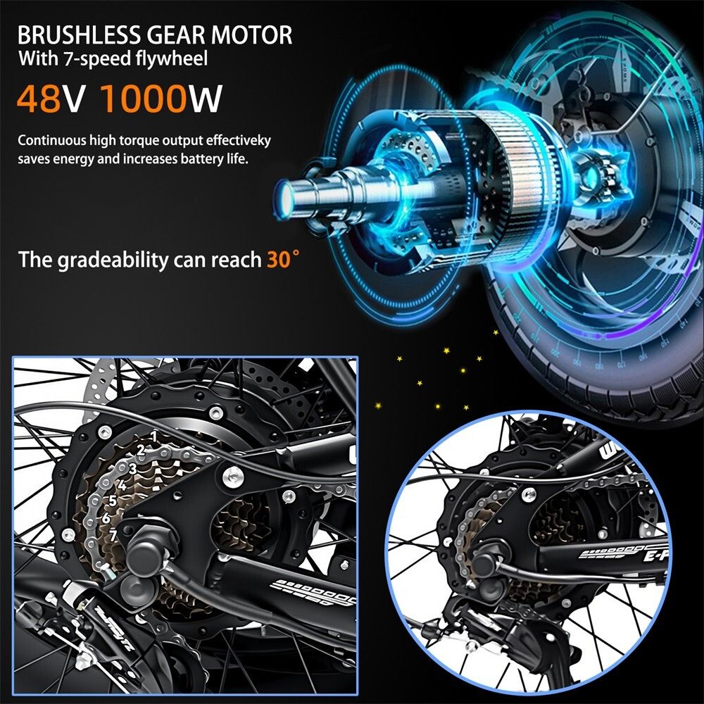 Grafica con informazioni su motore e trasmissione. Motore 48V 1000W. Ruota libera a 7 velocità. Coppia. Capacità di salita 30°.