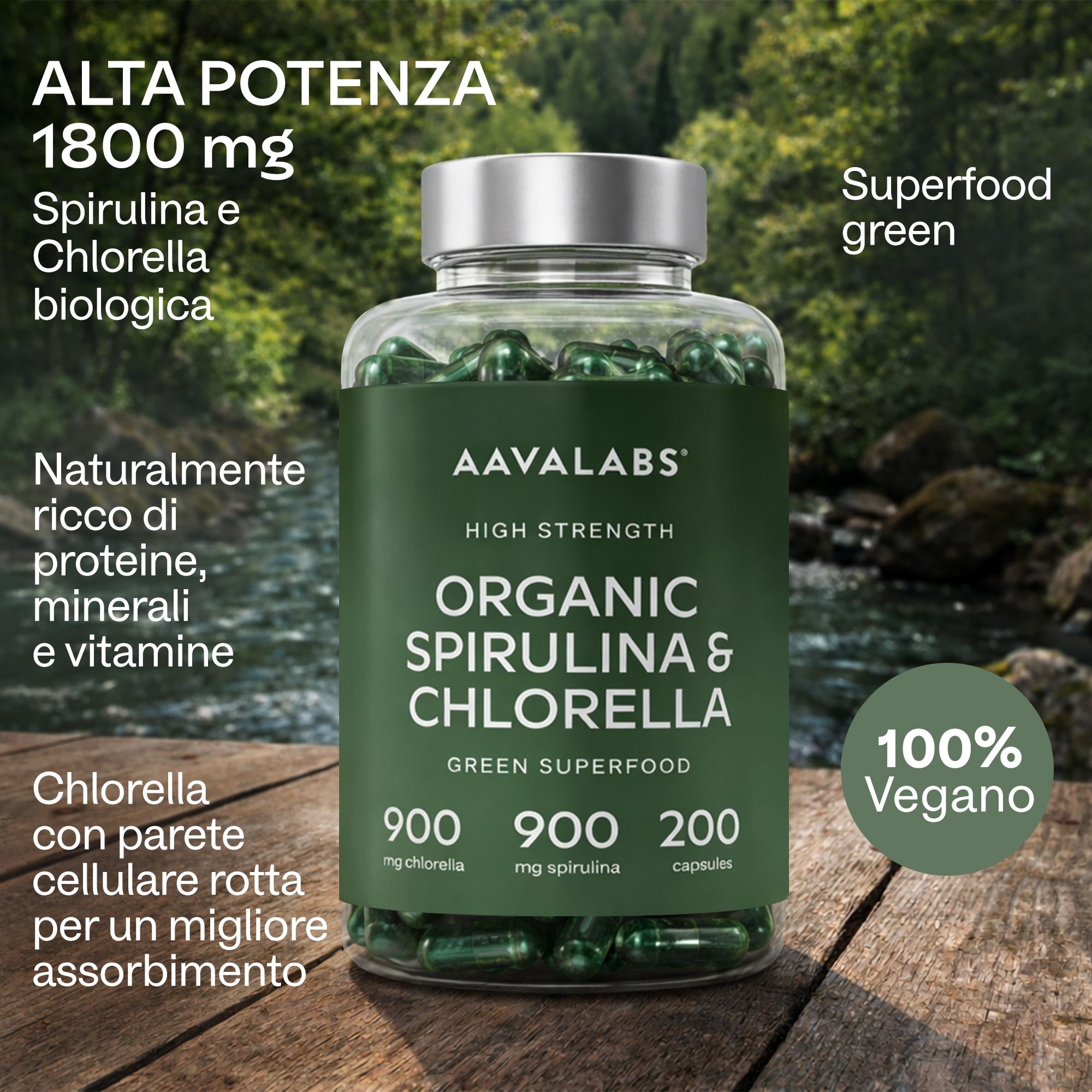 Bottiglia di capsule verdi davanti a uno sfondo naturale, con testo.