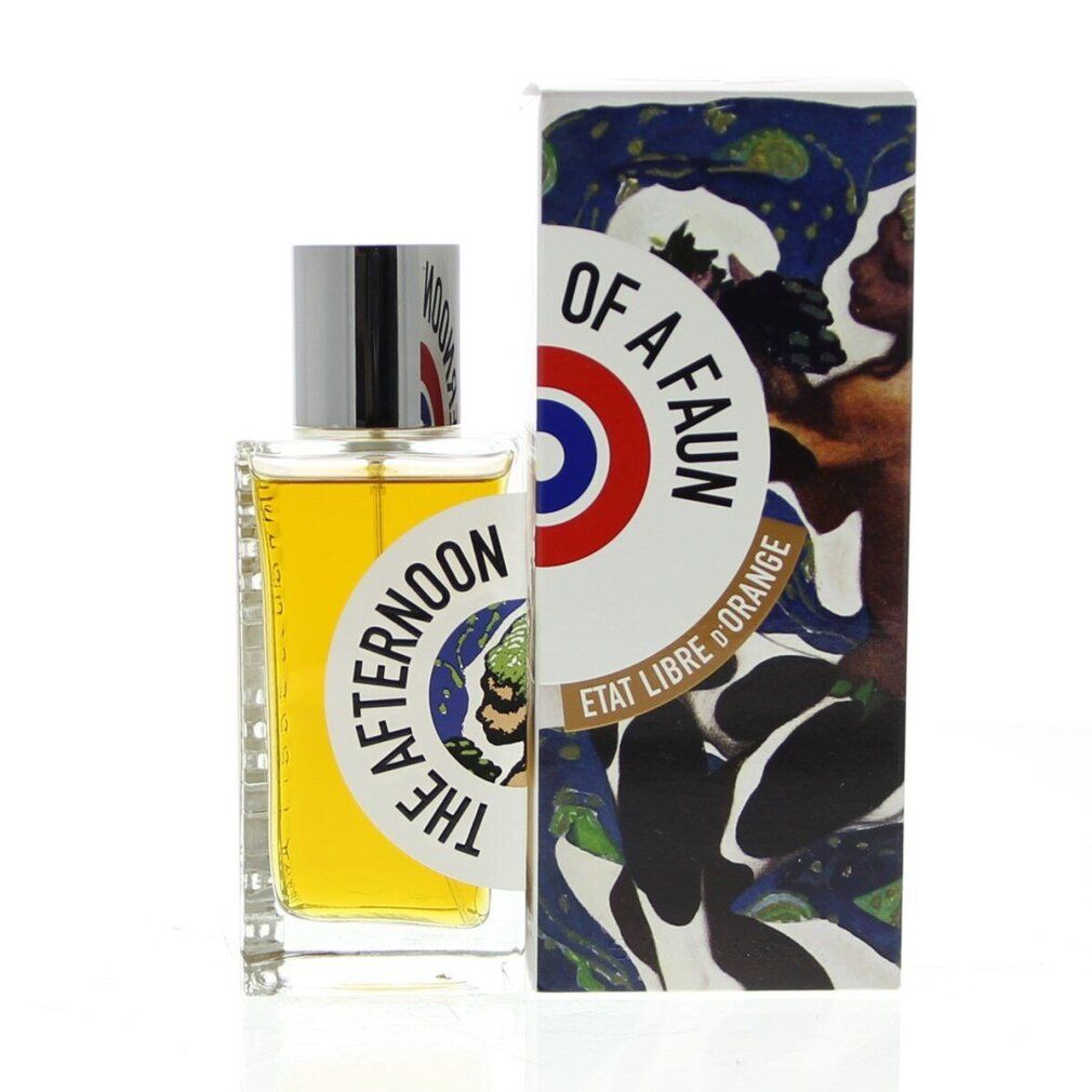 Flacone di profumo e confezione. Scritta: THE AFTERNOON OF A FAUN, ETAT LIBRE D'ORANGE. Confezione con motivo artistico.