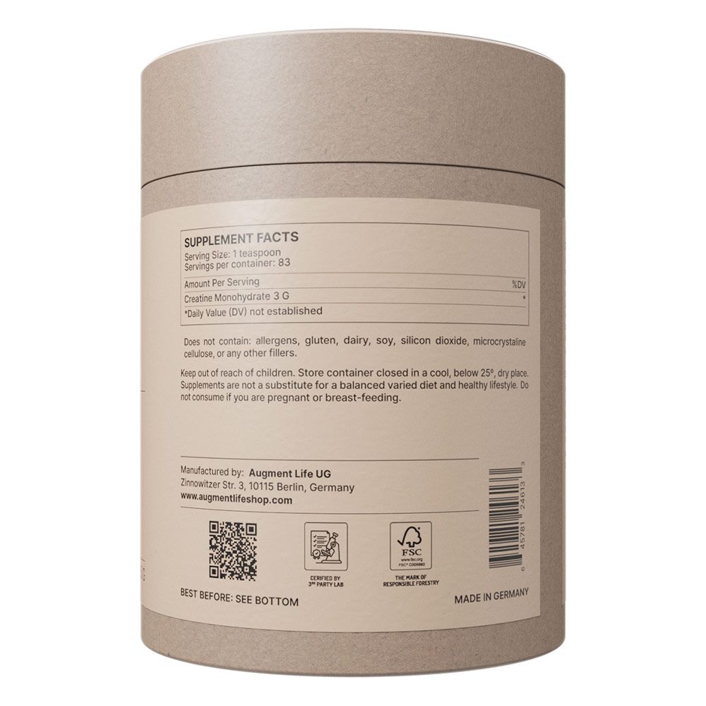 Contenitore cilindrico con informazioni nutrizionali e produttore. Contiene creatina monoidrato 3G.