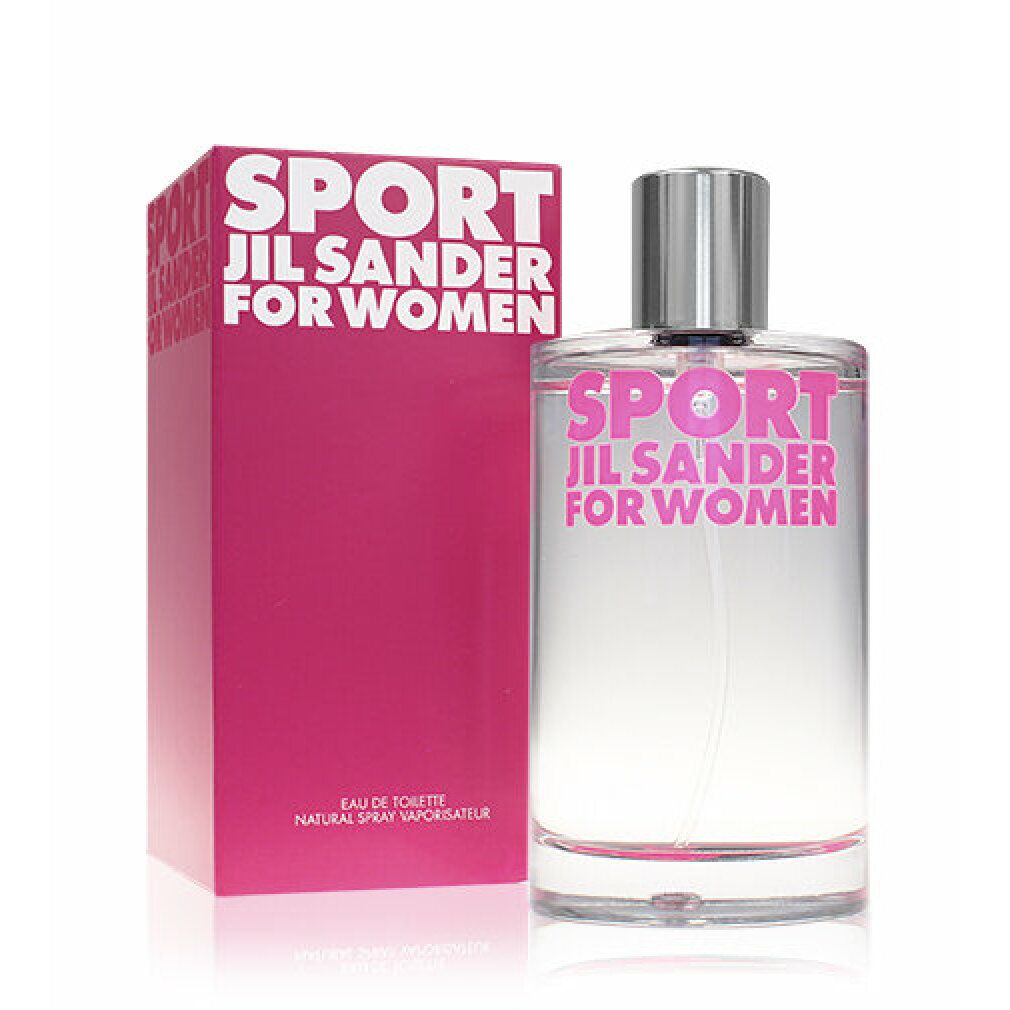Flacone in vetro e confezione rosa. Flacone con tappo argentato. Scritta rosa: SPORT JIL SANDER FOR WOMEN. 100 ml.