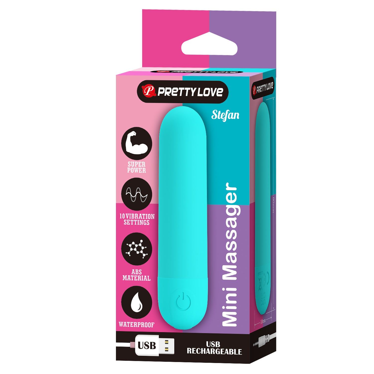 Confezione per mini massaggiatore. Contiene vibratore turchese, cavo di ricarica USB. Marchio: Pretty Love.