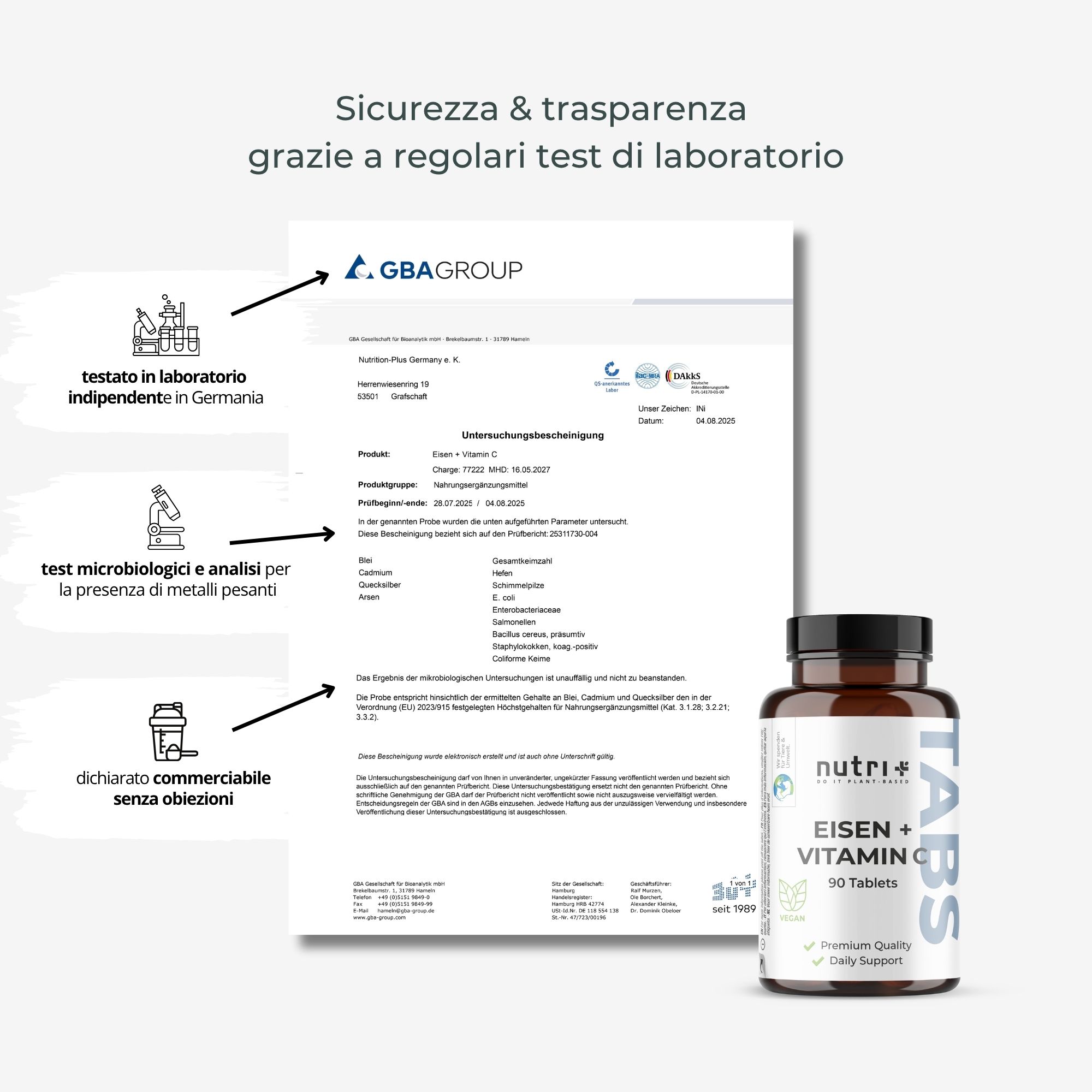 Certificato di sicurezza e trasparenza tramite test di laboratorio. Compresse nutri+ Ferro + Vitamina C.