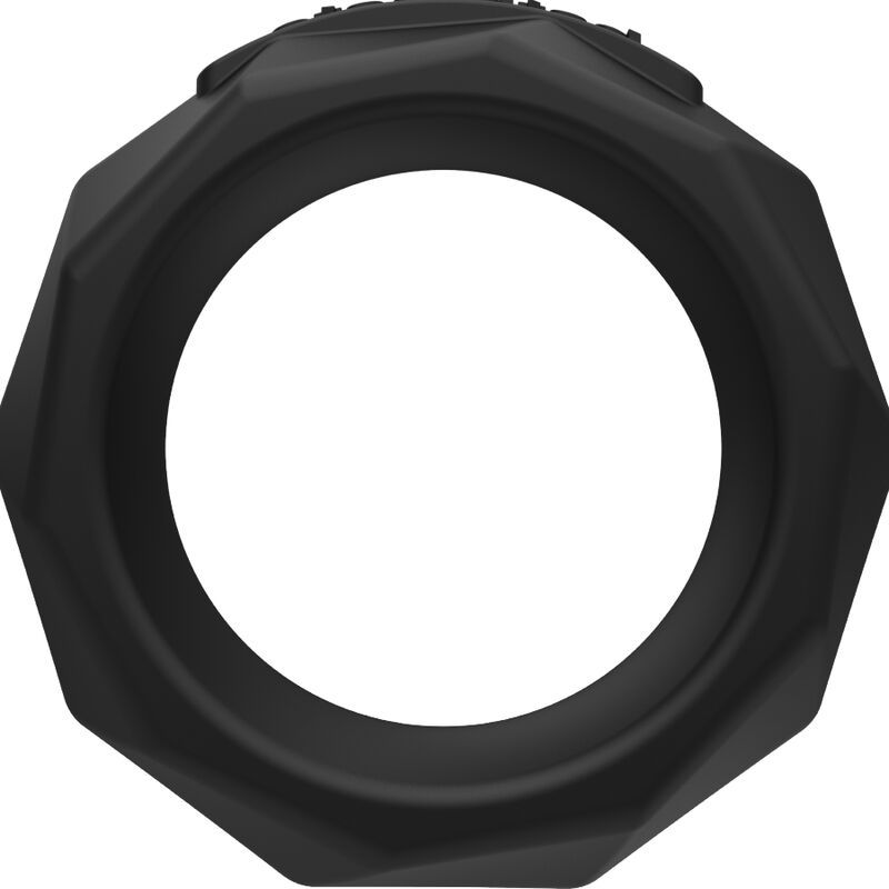 Anello nero ottagonale con lati testurizzati.