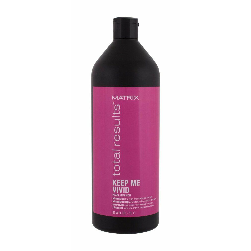 Flacone nero con etichetta rosa. Scritta: Matrix Total Results Keep Me Vivid Shampoo.