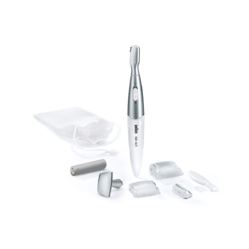 Rasoio bianco-argento con accessori: testine, batteria, sacchetto. Marchio Braun, Silk-épil.