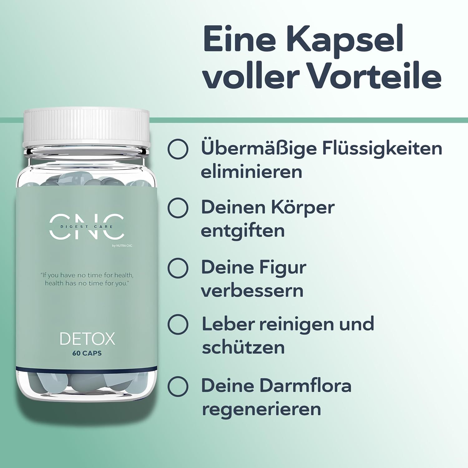 Flacone CNC DETOX con elenco dei benefici: eliminare i liquidi, disintossicare il corpo, migliorare la forma.