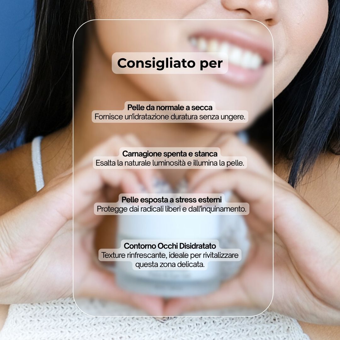 Donna che tiene del testo. Testo: Consigliato per: Pelli da normali a secche. Dr. SEA Hydrobooster.
