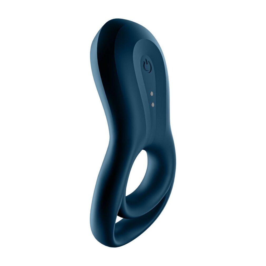 Vibratore ad anello blu. Il prodotto ha un pulsante di accensione e due LED. Ha una forma ad anello con due aperture.