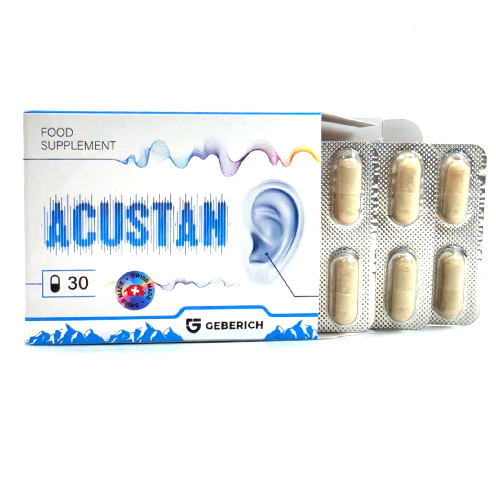 Confezione Acustan Kapseln e blister da 30 capsule, sviluppato da Geberich.