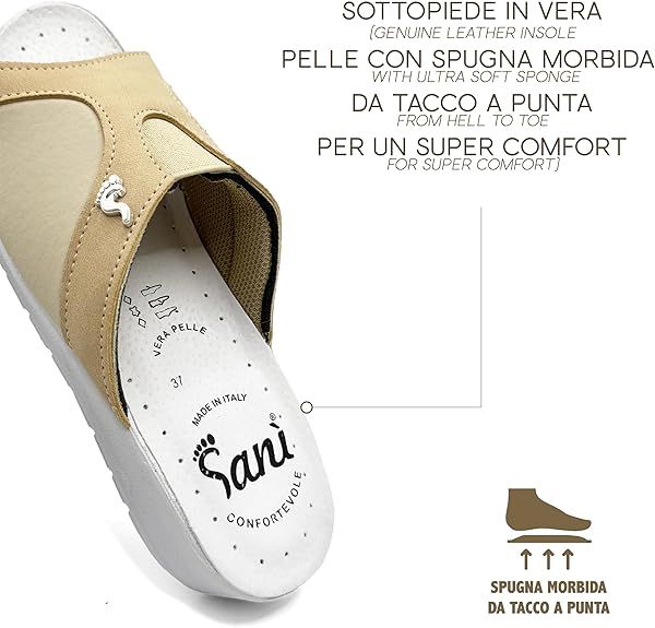 Dettaglio del sandalo Sanì. Tomaia beige, plantare bianco. Testo: 'Vera Pelle'.