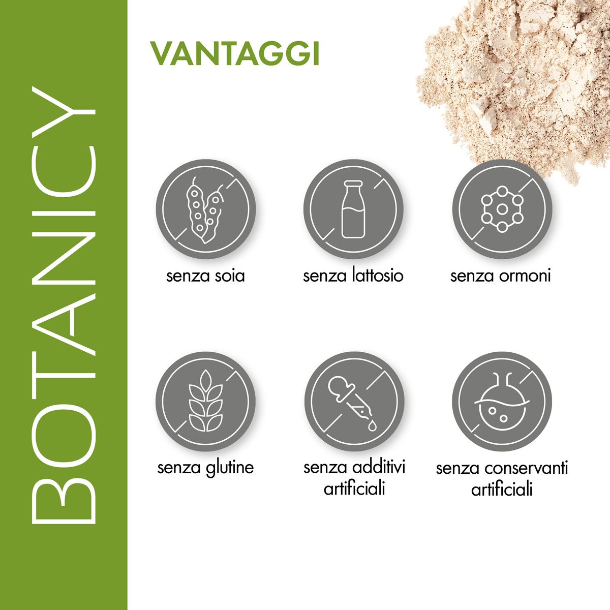 Simboli: Senza soia, lattosio, ormoni, glutine, additivi artificiali, conservanti. Testo: Vantaggi.