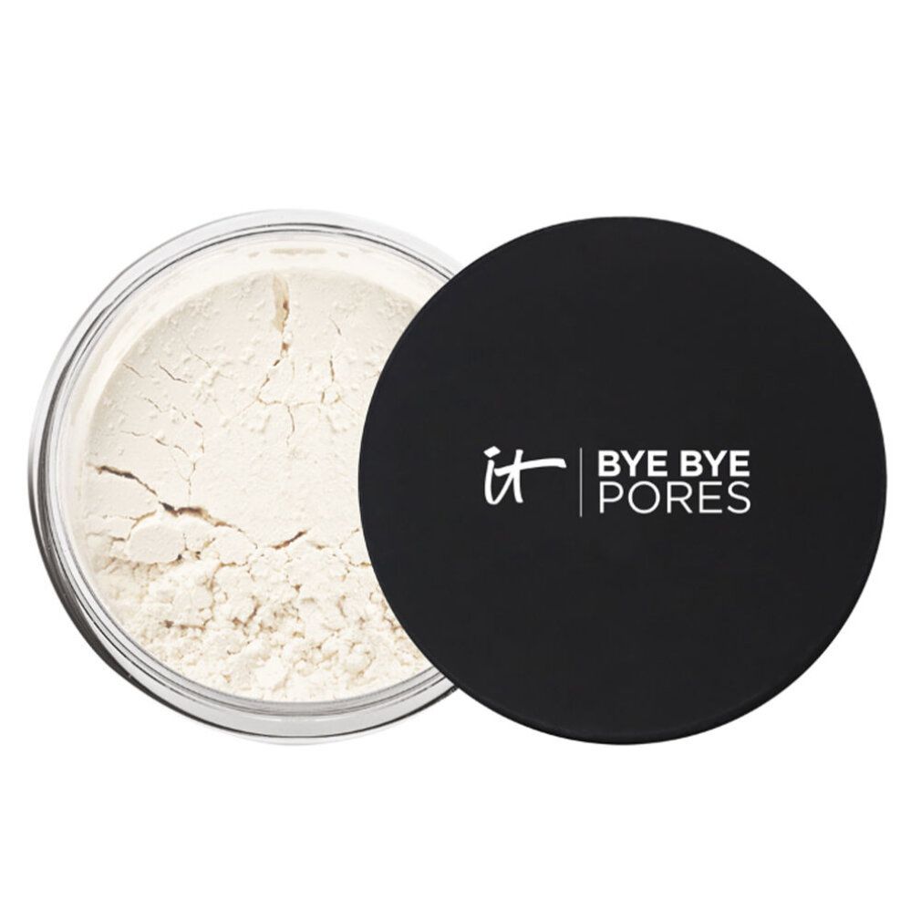 Vasetto rotondo trasparente con coperchio nero. Scritta "it BYE BYE PORES". Polvere visibile.