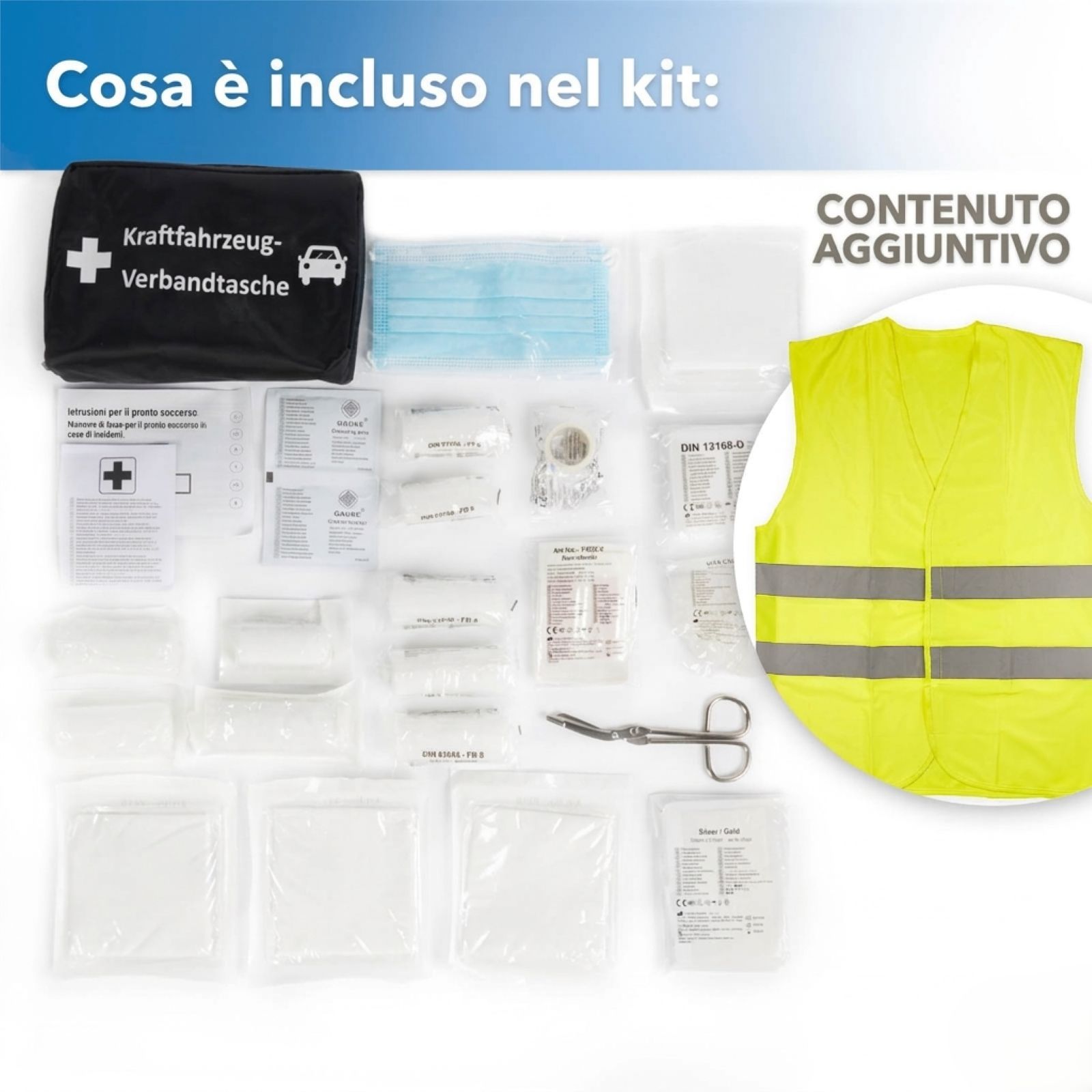 Borsa di pronto soccorso aperta con contenuto, giubbotto e mascherine. Contenuto aggiuntivo. Sfondo bianco.
