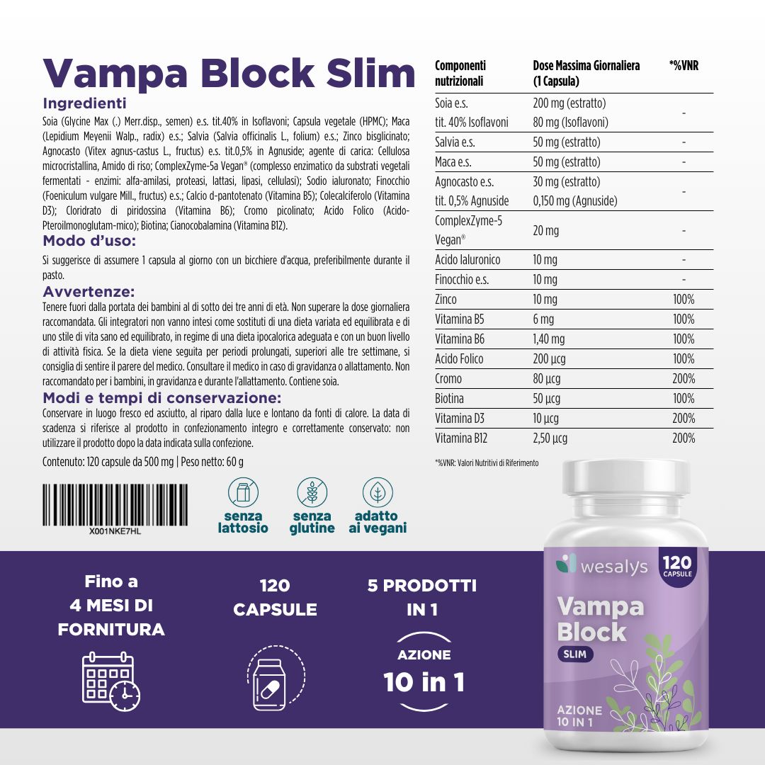 Flacone del prodotto con testo: Vampa Block SLIM, 120 Capsule, 5 Prodotti in 1, Azione 10 in 1. Elenco ingredienti e informazioni nutrizionali.
