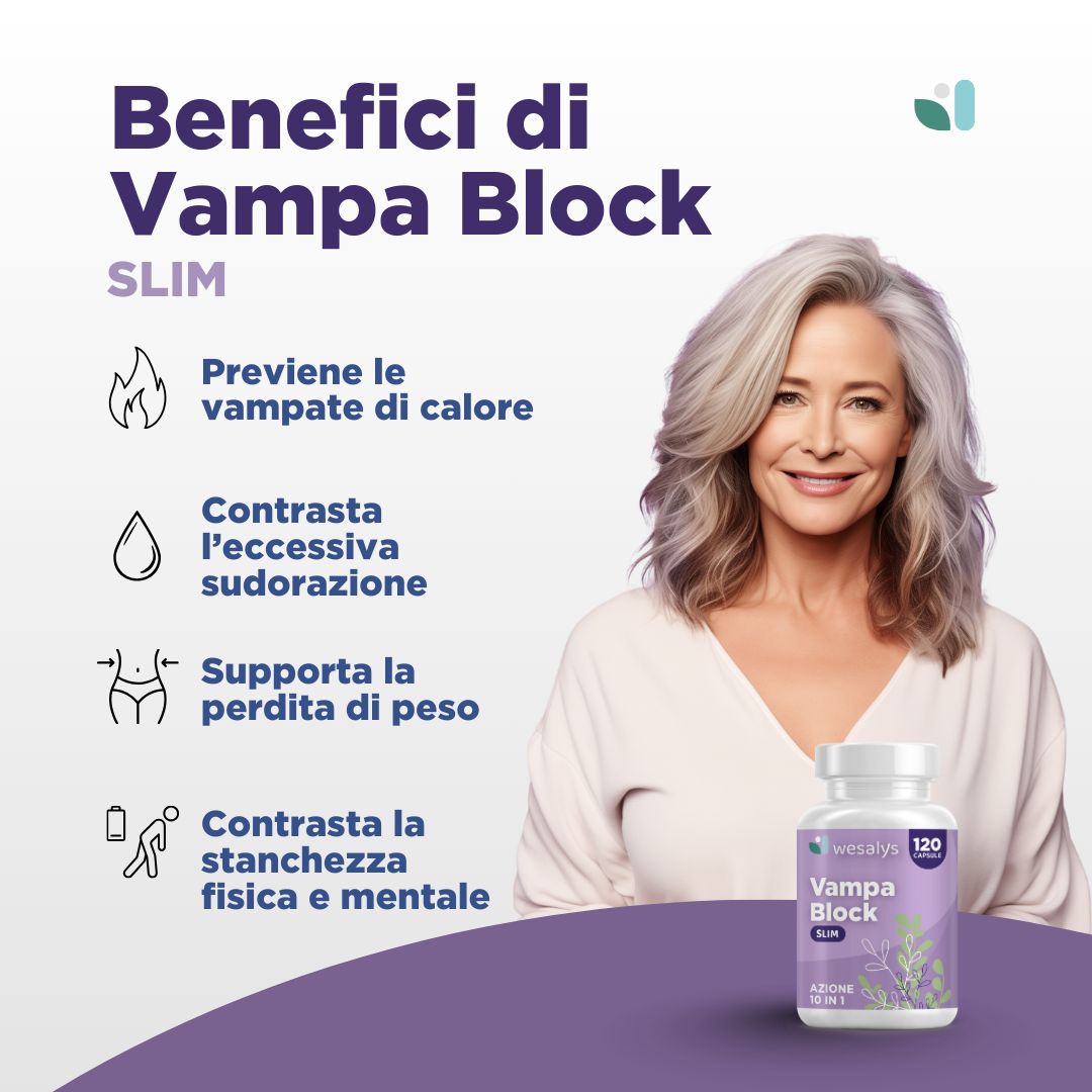 Donna con flacone. Testo: Benefici di Vampa Block SLIM, Previeni le vampate di calore, Contraste l'eccessiva sudorazione, Supporta la perdita di peso.