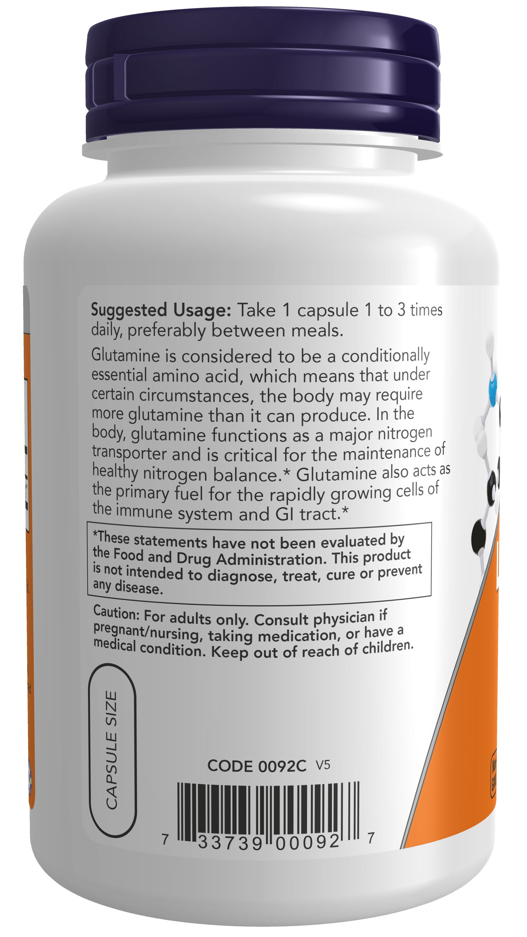 Flacone di capsule di L-Ornitina. Contiene 1.500 mg di L-Ornitina per porzione. Prodotto da NOW FOODS.