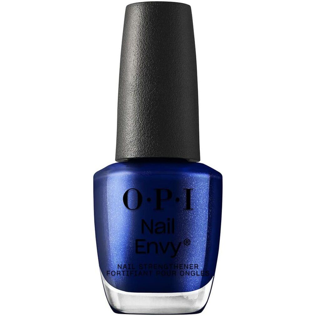 Flacone di smalto blu con tappo nero. Logo OPI Nail Envy e nome del prodotto.