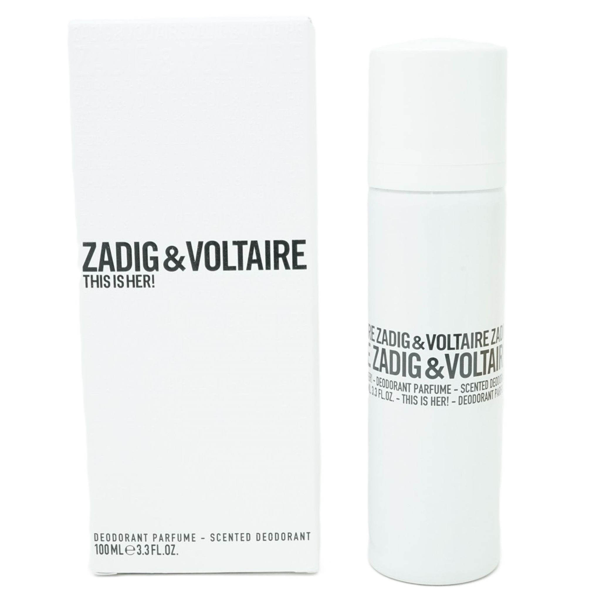Spray deodorante Zadig & Voltaire e confezione. Testo: THIS IS HER! Deodorante Parfum. 100ml. Confezione bianca.