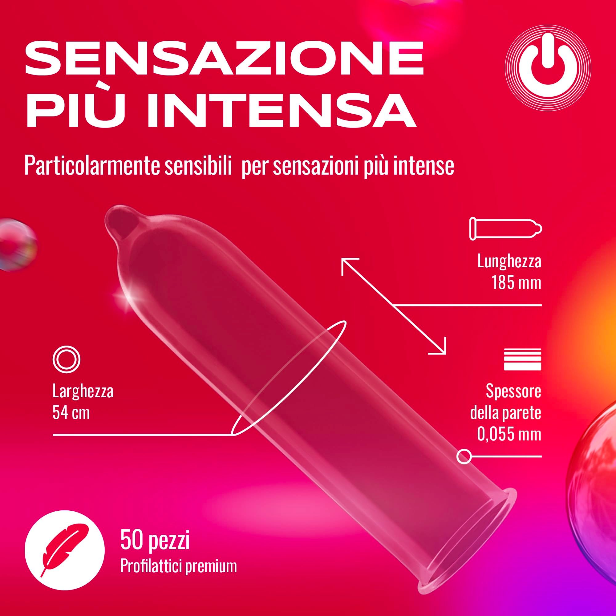 Preservativo ON) Super Thin, lunghezza 185 mm, larghezza 54 mm, spessore parete 0,055 mm. 50 profilattici premium.