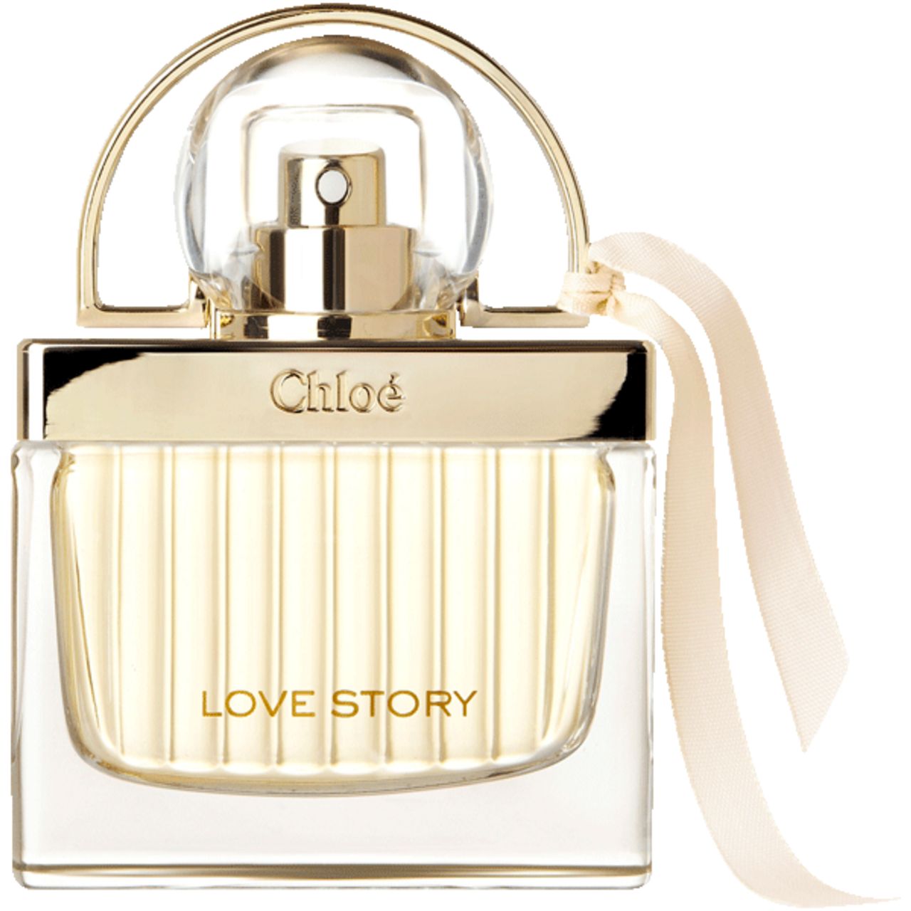 Flacone di profumo Chloé Love Story con nastro dorato.