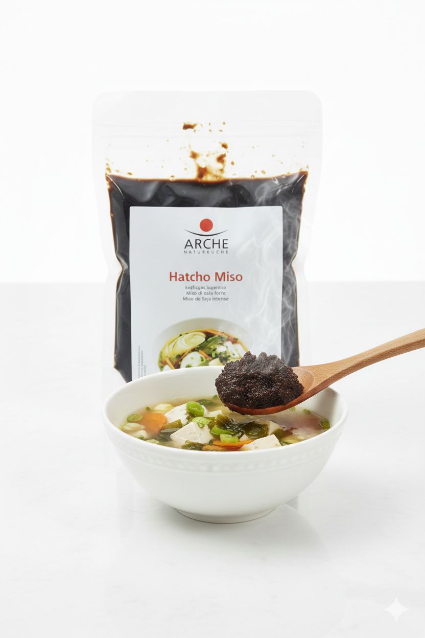 Pasta Arche Hatcho Miso in busta, cucchiaio con pasta sopra una ciotola di zuppa di miso.