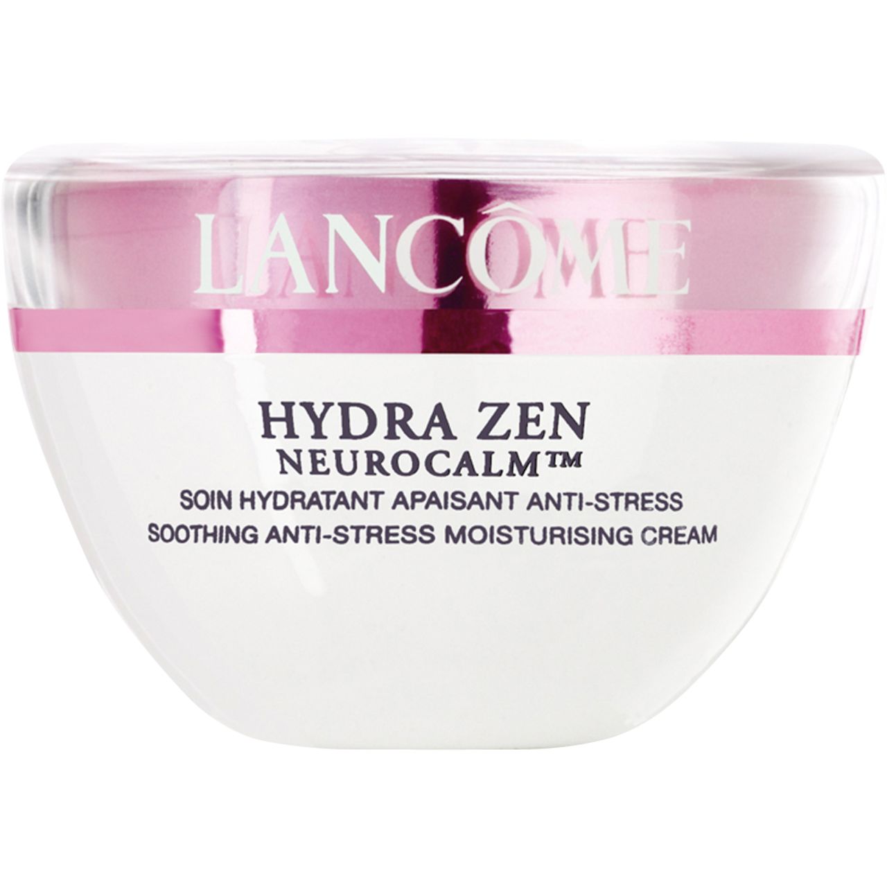 Vaso bianco con coperchio rosa. Scritta: LANCÔME, HYDRA ZEN NEUROCALM, Soin Hydratant Apaisant Anti-Stress.