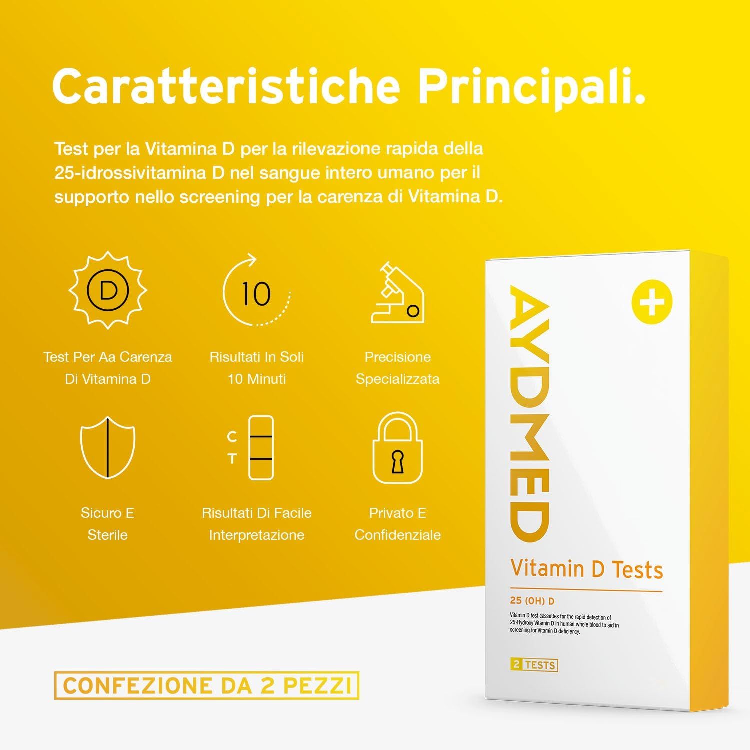 Confezione di test AYDMED Vitamina D. Include cassetta di test, risultati in 10 minuti, precisione esperta, sicuro e sterile.