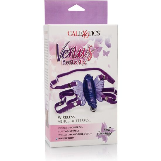 Confezione del massaggiatore wireless CalExotics Venus Butterfly. Viola e bianco con motivo a farfalla.