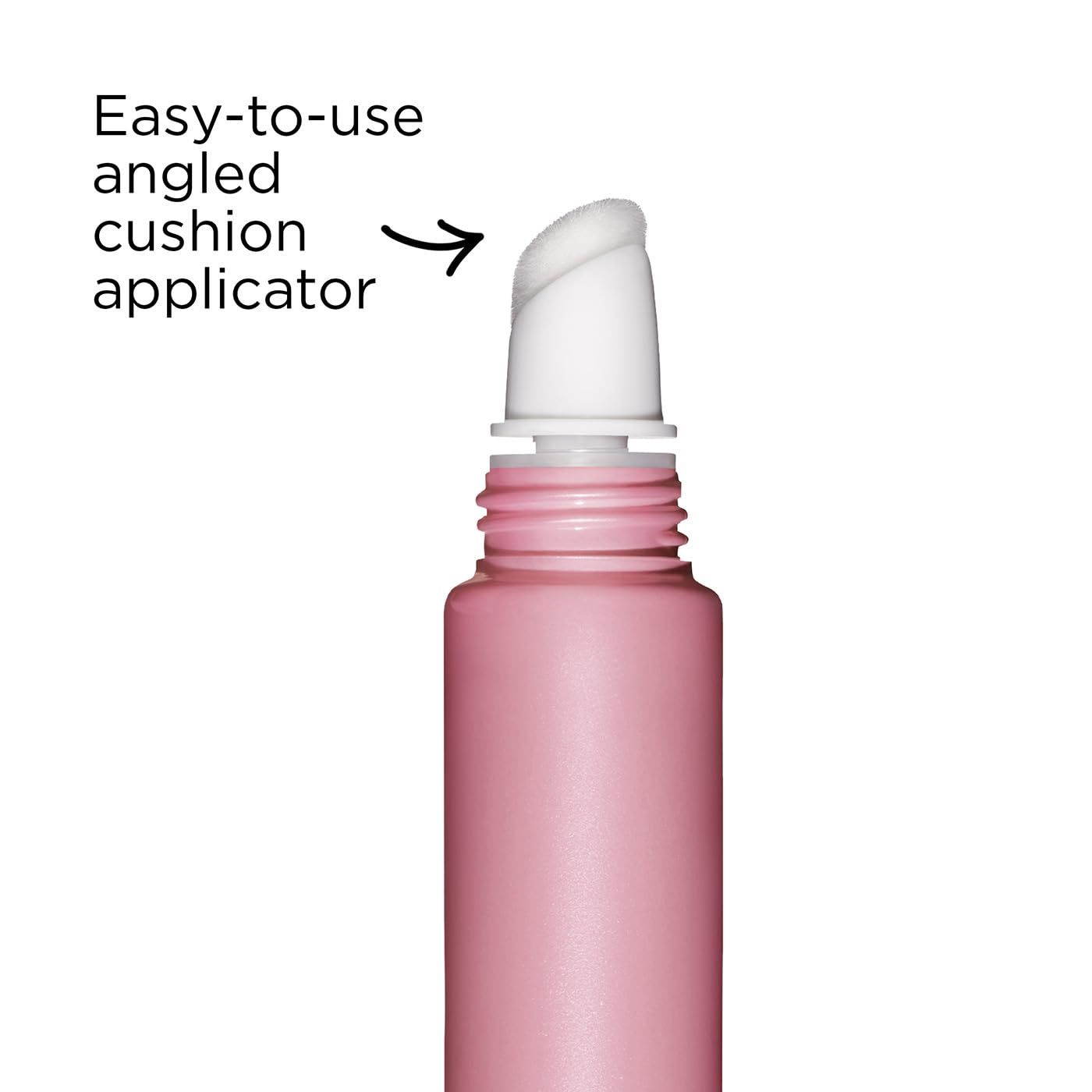Primo piano dell'applicatore di un tubo di lucidalabbra rosa. Applicatore angolato bianco.