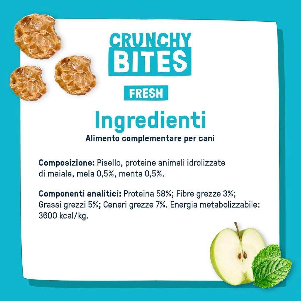 Primo piano dell'elenco degli ingredienti. Testo su sfondo blu. Contiene informazioni sugli ingredienti e sui componenti analitici.