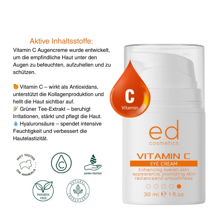 Flacone di crema per occhi bianco con etichetta arancione e simbolo a goccia. Testo: Vitamin C Eye Cream, 30 ml, 1 fl.oz. Marchio: ed cosmetics.