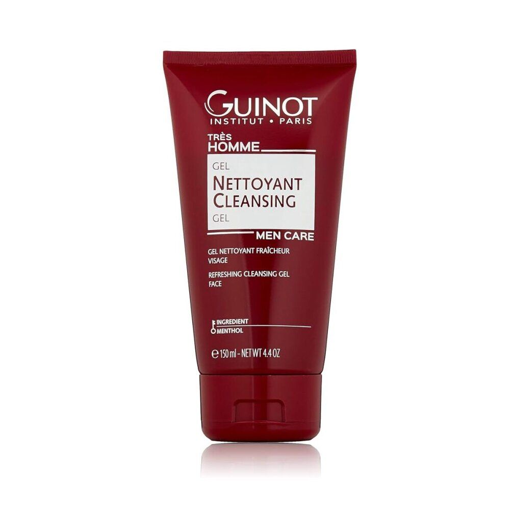 Tubo rosso scuro con etichetta bianca. Scritta: Guinot, Très Homme, Gel Nettoyant, Men Care. Prodotto su sfondo bianco.