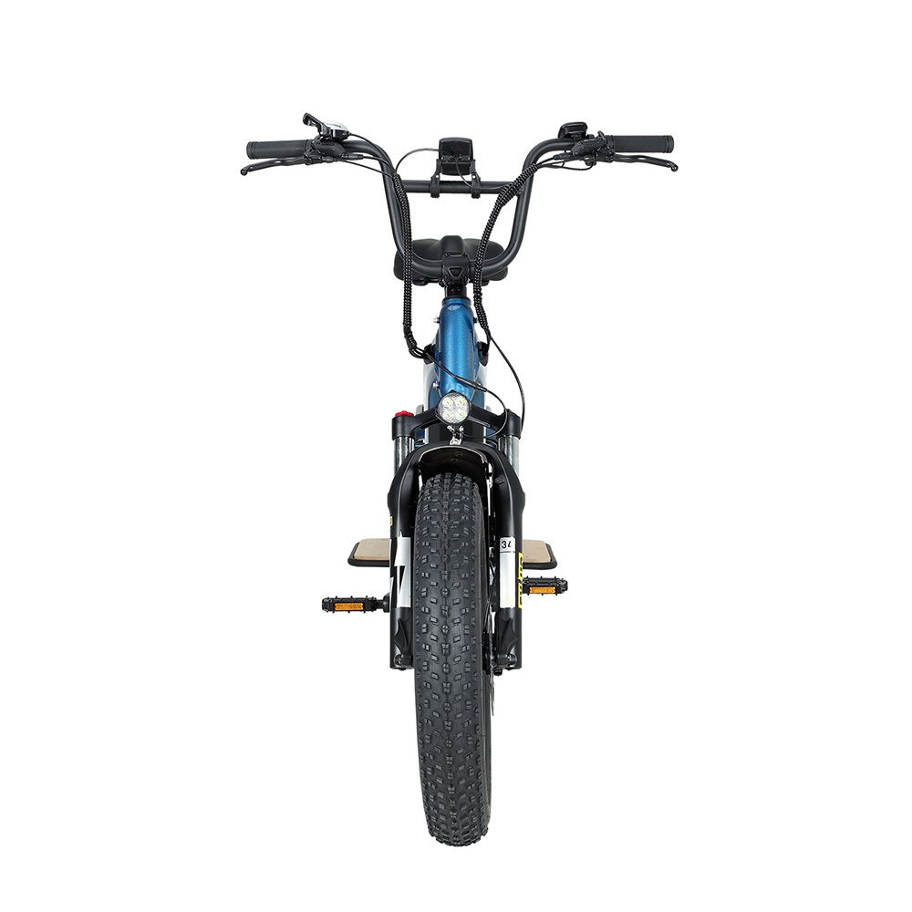 E-bike cargo blu con pneumatici larghi. Vista frontale.
