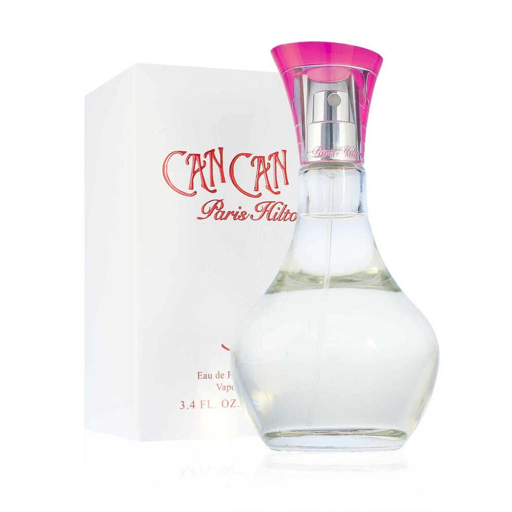 Flacone di profumo e confezione. Flacone con vaporizzatore rosa. Confezione con testo: Can Can Paris Hilton. Flacone con decoro a piuma.