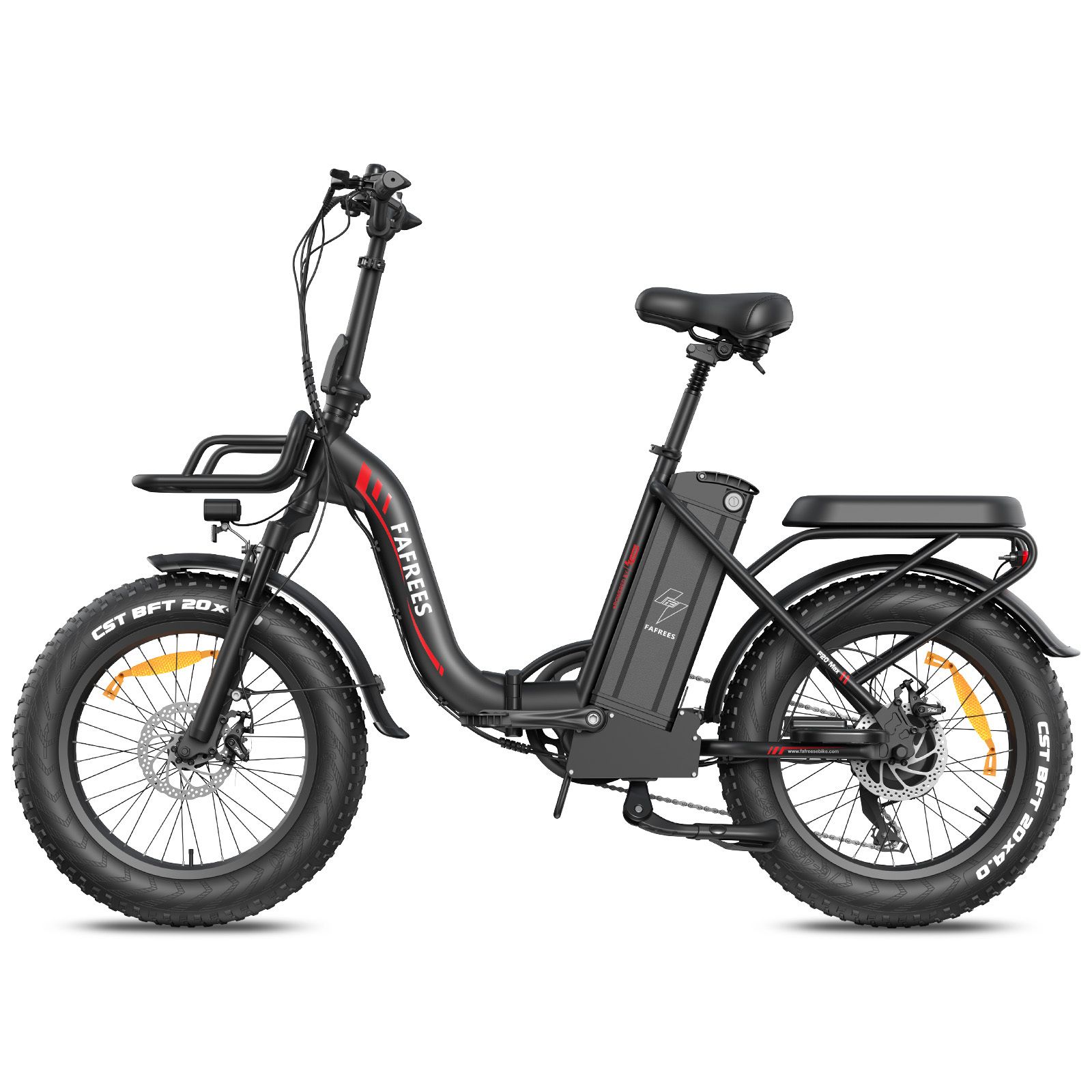 E-bike pieghevole nera con pneumatici larghi, portapacchi e cestino. Marchio FAFREES.