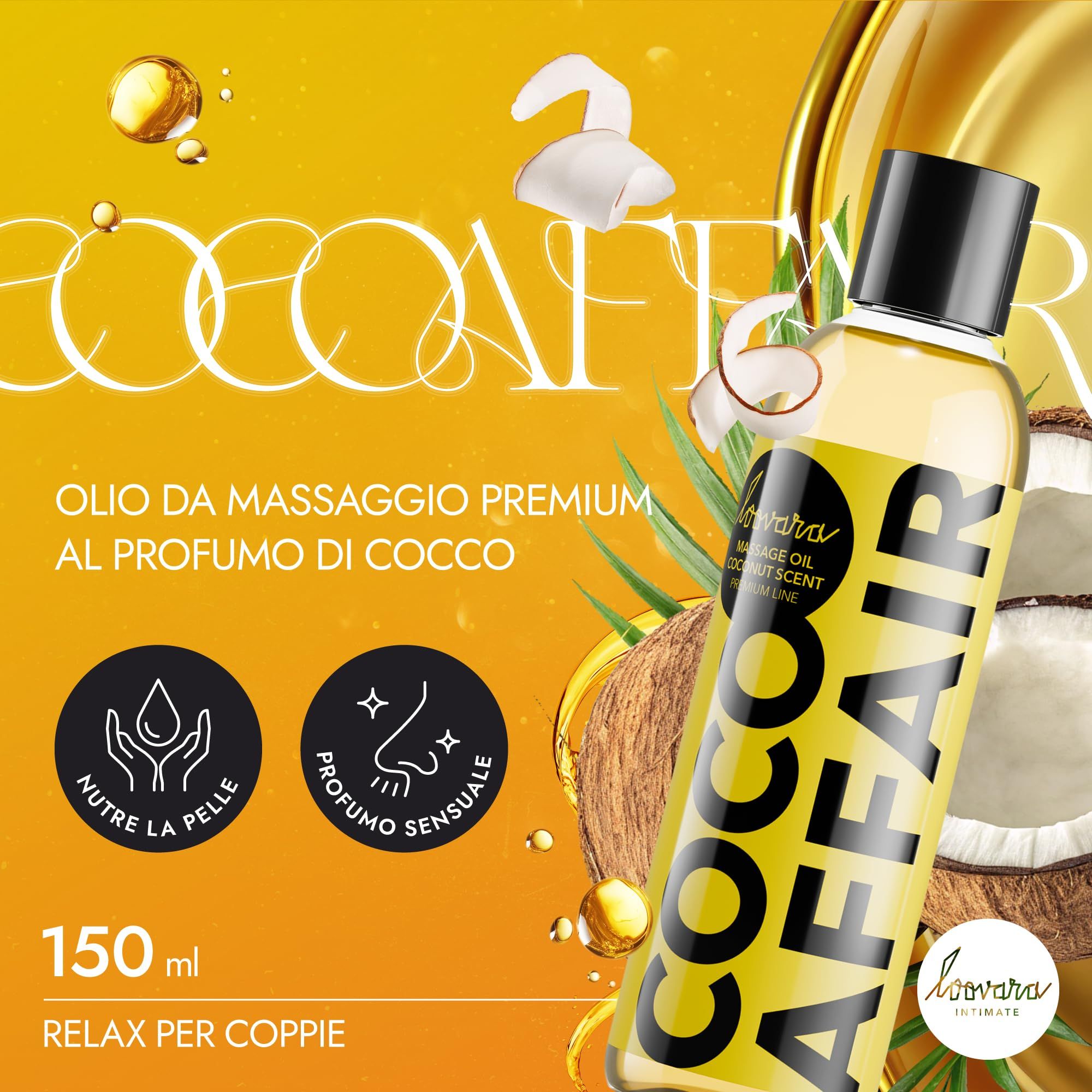 Flacone olio da massaggio Loovara Coco Affair, profumo cocco, 150 ml, con simboli cocco.
