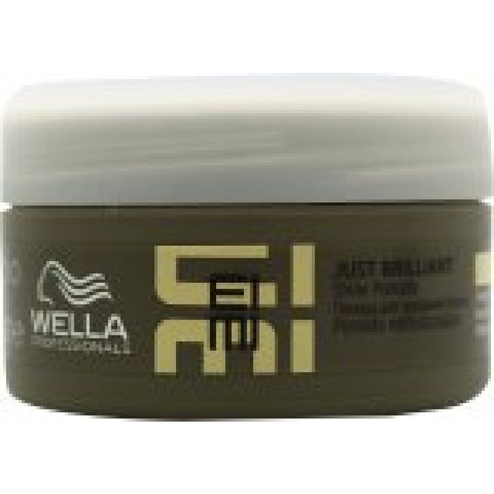 Un barattolo marrone con coperchio bianco, etichettato "Wella Professionals EIMI JUST BRILLIANT Shine pomade".
