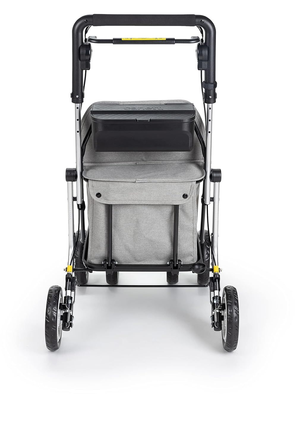 Vista posteriore di un rollator grigio con sedile, borsa della spesa, quattro ruote e maniglia.
