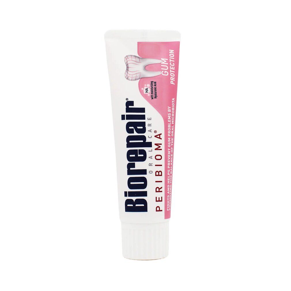 Tubo di dentifricio con nome e logo del prodotto. Colori rosa e bianco. Testo: Protezione gengive, con acido ialuronico.