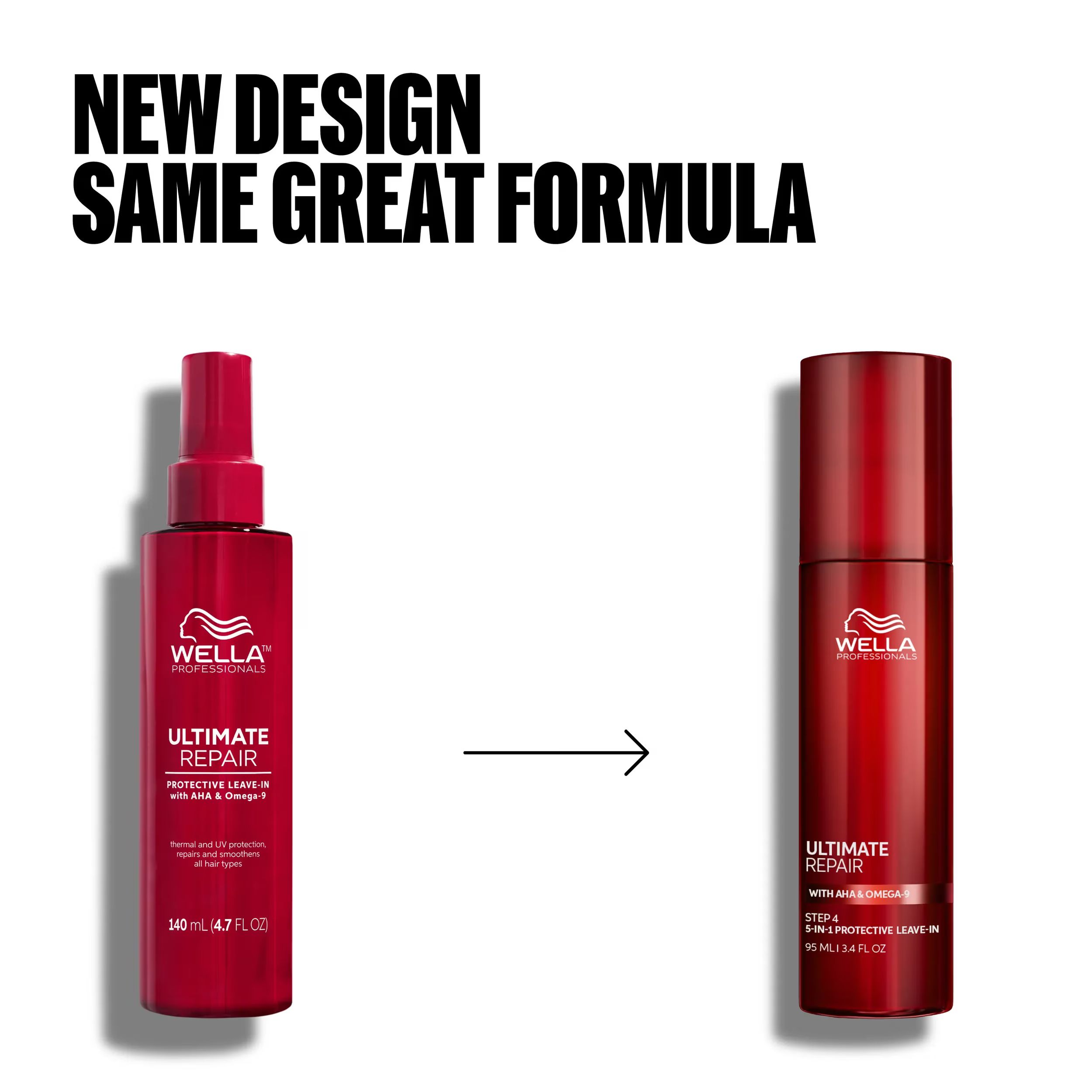 Due flaconi rossi. A sinistra: spray, a destra: flacone. Testo: New Design, Same Great Formula. Freccia. Ultimate Repair.